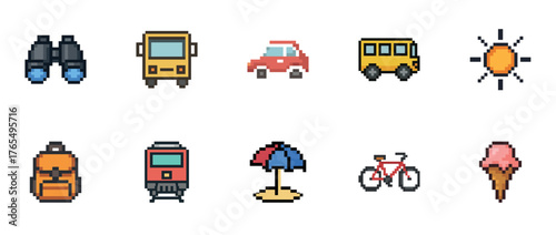 Pixel art icons: transportation, travel, and leisure objects on white background