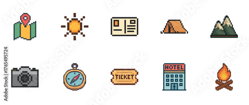 Pixel art travel icons: map, sun, postcard, tent, mountain, camera, compass, ticket, hotel, campfire