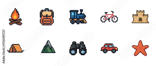 Pixel art icons: camping, backpacking, travel, cycling, and beach activities