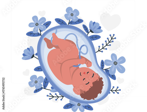 Fetus in womb surrounded by blue flowers and hearts baby pregnancy