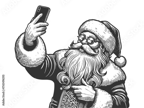 Santa Claus holding a smartphone and taking a selfie sketch engraving generative ai fictional character vector illustration. Scratch board imitation. Black and white image.