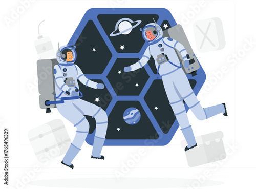 Two Astronauts Floating in Space with a Hexagonal Grid Background Keywords: space, astronauts, floating, zero gravity, weightless, exploration, cosmos, universe, galaxy, stars, planets, science