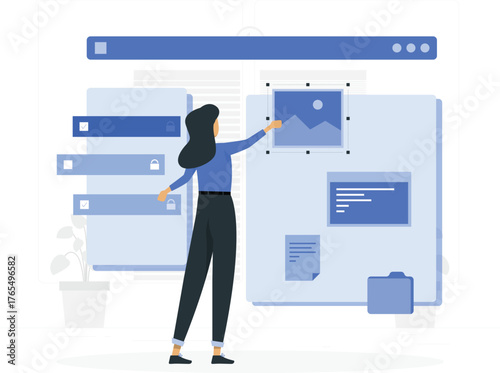 Woman Arranging Digital Content on a Website Interface with Locked Tabs Keywords: website design, user interface, digital content, web development, graphic design, layout, arrangement, planning