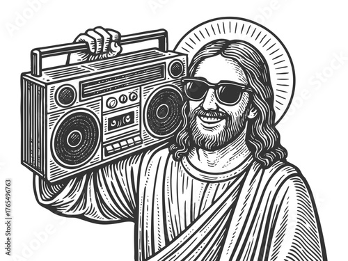 Jesus Christ smiling with sunglasses and boombox, sketch engraving generative ai fictional character vector illustration. Scratch board imitation. Black and white image.