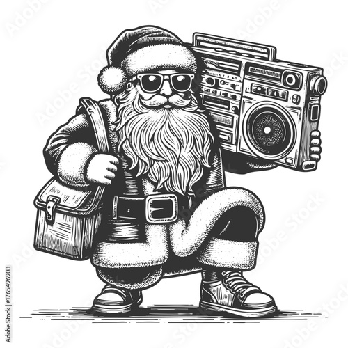 Santa Claus wearing sunglasses and holding a large boombox on his shoulder sketch engraving generative ai fictional character vector illustration. Scratch board imitation. Black and white image.