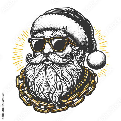Santa Claus wearing sunglasses and a gold chain sketch engraving generative ai fictional character vector illustration. Scratch board imitation. Black and white image.