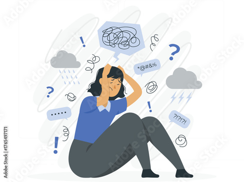 Woman Experiencing Mental Distress and Anxiety with Stormy Symbols vector illustration
