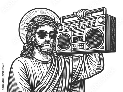 Jesus Christ smiling with sunglasses and boombox, sketch engraving generative ai fictional character vector illustration. Scratch board imitation. Black and white image.