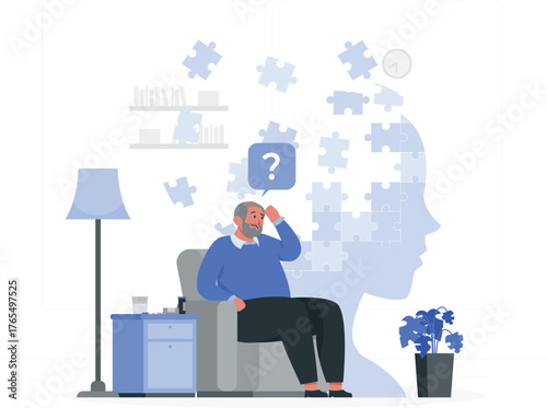 Elderly Man with Dementia and Memory Loss Puzzled in a Room with a Silhouette of a Head vector illustration