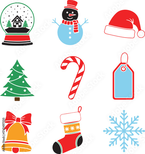 Vector art of collection of christmas icons including a snow globe, snowman, santa hat, christmas tree, candy cane, gift tag, bell, stocking, and snowflake
