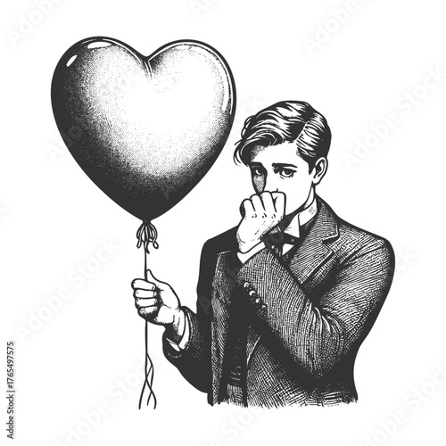 shy young man nervously holding a heart-shaped balloon sketch engraving generative ai fictional character vector illustration. Scratch board imitation. Black and white image.