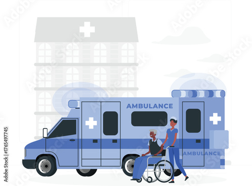Paramedic Assisting Patient from Ambulance to Hospital Building vector