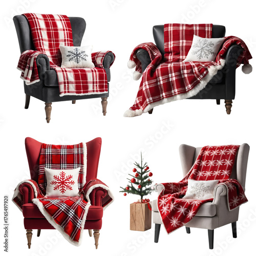 Set of armchairs with red and white Christmas patterned throw, white snowflake pillow,  isolated on a transparent background, festive modern design