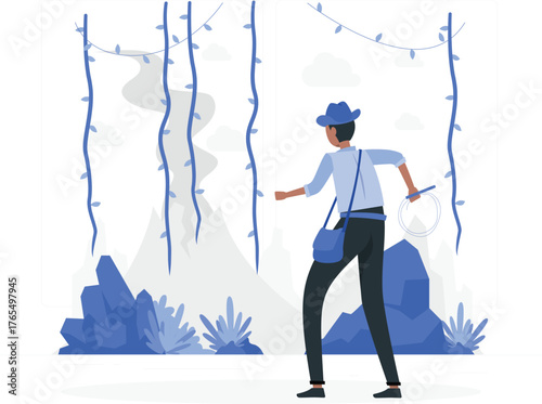 Adventurer with whip in jungle setting with mountains and vines explorer