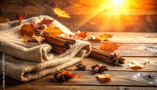 Rustic wooden tabletop with folded wool fabric, cinnamon sticks, and scattered dry leaves arranged to leave large empty space.