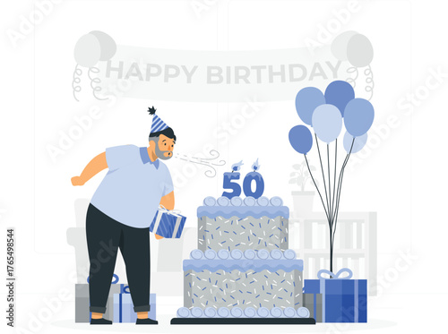 Man blowing out candles on a 50th birthday cake with balloons and gifts celebration happy birthday