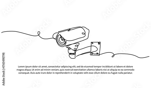One line of surveillance camera. Abstract minimal continuous line isolated on white background.