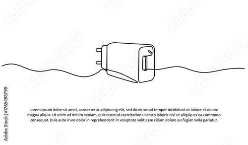 One line of charging adapter. Abstract minimal continuous line isolated on white background.