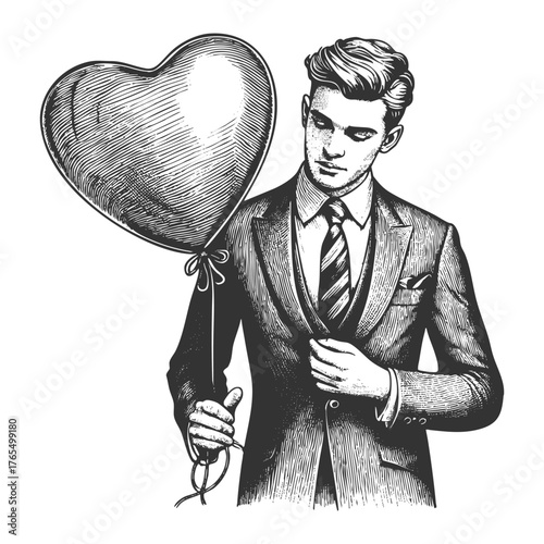 handsome man in a suit holding a heart balloon, blending romance with elegance sketch engraving generative ai fictional character vector illustration. Scratch board imitation. Black and white image.