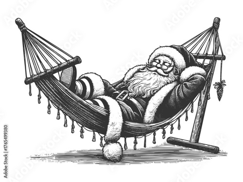 Santa Claus peacefully napping in a hammock, representing post-holiday rest and relaxation sketch engraving generative ai fictional character vector illustration. Scratch board. Black and white image.