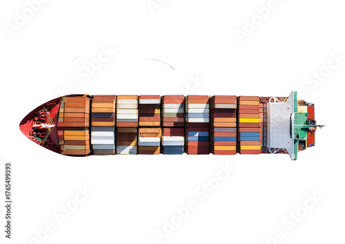 Cargo ship top view on white background, business in transport and logistics.