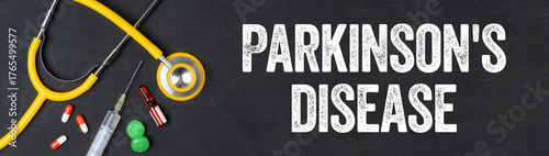 Canvas Print Stethoscope and pharmaceuticals on a blackboard - Parkinson's disease