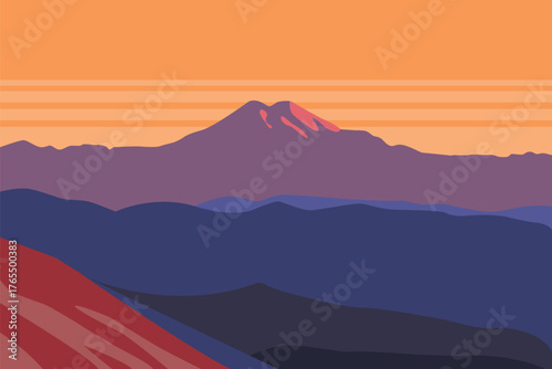 Minimalist flat vector illustration of a colorful mountain landscape in orange,blue,brown,and purple tones. Abstract layered hills,calm sky,and geometric shapes create a peaceful nature scene.