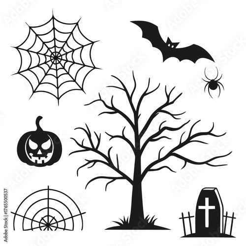 halloween_scene, creepy_tree, spider_web, bat_flying, jack-o'-lantern, gravestone

