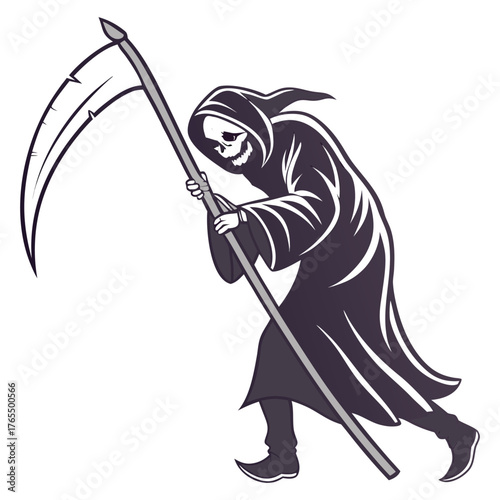 grim reaper, hooded figure, death personified, skeletal figure wielding scythe, dramatic dark silhouette, monochrome illustration, gothic fantasy style, high contrast digital art
