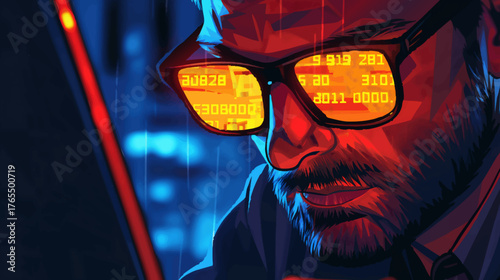hacker or cybersecurity expert wearing sunglasses, with glowing code reflected in the lenses. Generative ai vector colorful illustration.