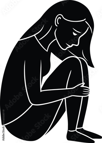 Black silhouette of a woman in a fetal position on white background