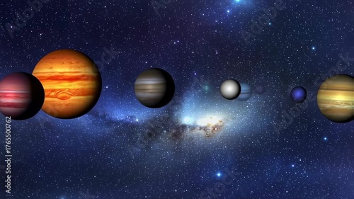 Illustrative rendering of eight planets in space with a starry background and galactic features