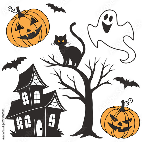 eerie, dark, spooky, haunting, gothic, halloween, jack-o'-lanterns, black cat, bare tree, spider web, bats flying, silhouette, monochrome, detailed illustration
