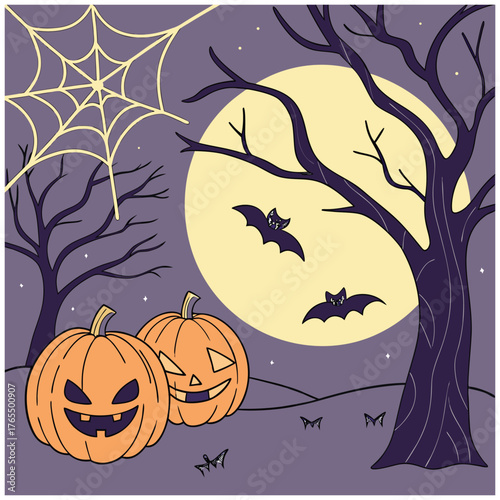 dark eerie haunted forest, full moon in night sky, two carved pumpkins, bats flying, spiderweb, halloween atmosphere, digital art, illustrative style

