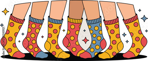 Colorful Polka Dot Socks on Various Skin Tones with Stars Illustration Design