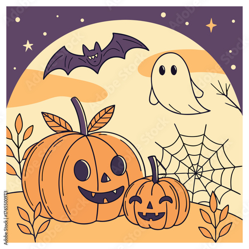 pumpkins,jack-o'-lanterns,bat,ghost,spider web,night sky,stars,autumn leaves,digital painting,detailed,vibrant colors,warm tones,whimsical,cute,halloween
