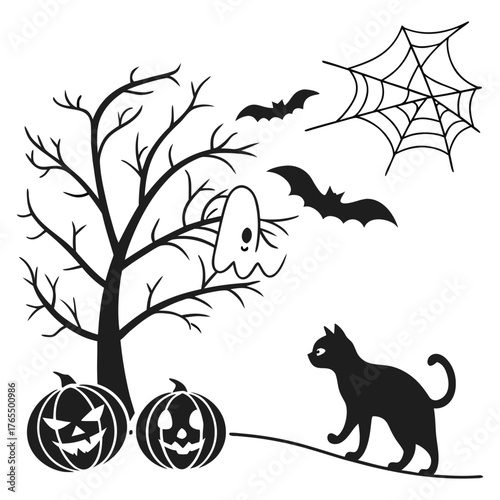 halloween scene, haunted tree, bats, cobweb, black cat, jack-o'-lanterns, spooky, silhouette, vector illustration
