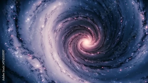 A spiral galaxy composed of swirling purple, blue, and white cosmic dust, with a glowing center