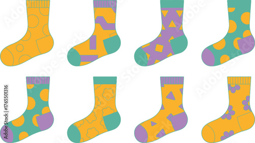Colorful Socks Pattern Illustrated Collection of Novelty Socks with Geometric Shapes and Floral Designs