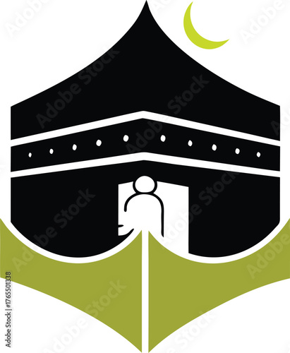 Islamic Kaaba symbol with crescent moon and person icon