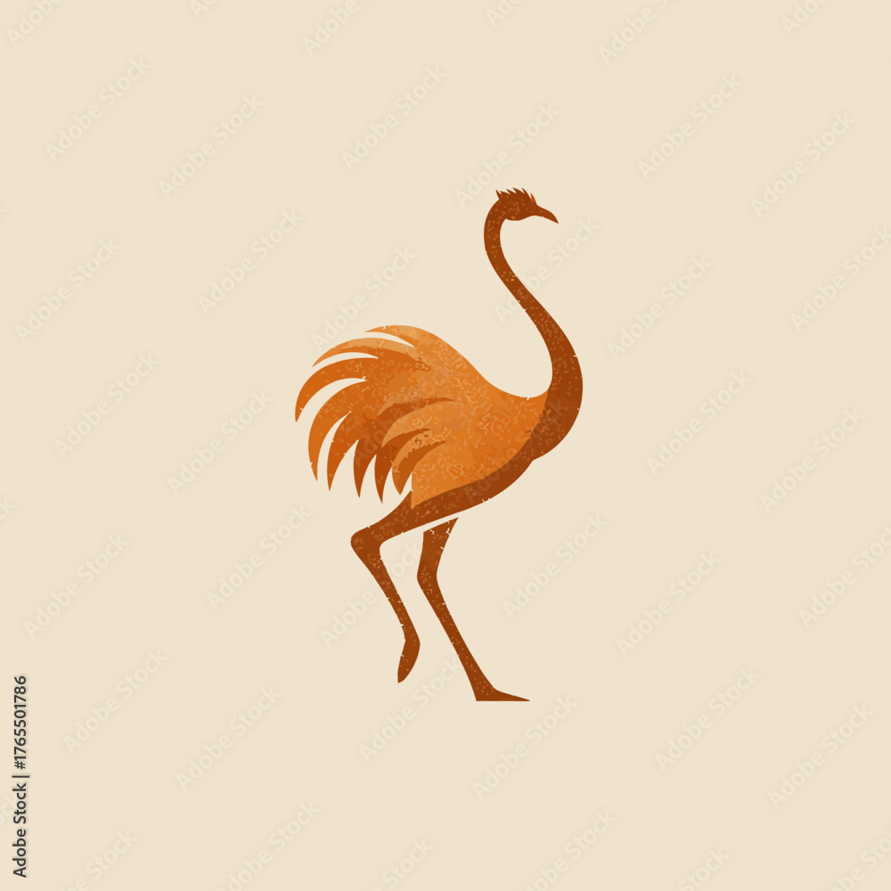 Fototapeta premium Graceful Stylized Ostrich Illustration in Warm Earthy Tones. Modern Vector Art of a Walking Bird with Textured Feathers on Light Background.