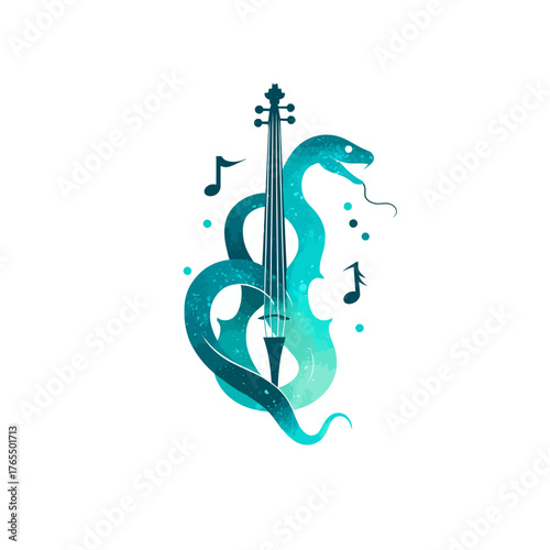 Elegant Blue-Green Serpent Coiled Around Cello with Musical Notes, Abstract Cosmic Texture Art Illustration