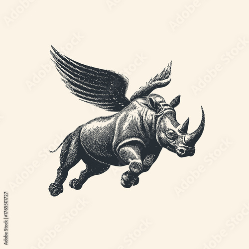 Detailed vintage engraving illustration of a flying rhinoceros with powerful wings, representing strength, freedom, and fantasy.
