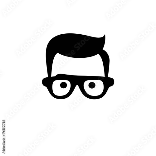 Minimalist black icon of a male head with modern hairstyle and eyeglasses. Stylized vector avatar for smart, geek, or hipster concepts.