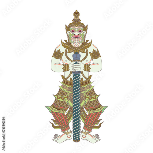 Traditional Thai giant guardian illustration standing with a mace. Inspired by temple art and mythology, representing protection, spirituality, and Thai cultural heritage.