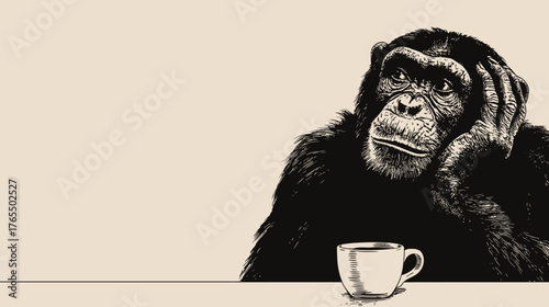 Pensive chimpanzee illustration with a teacup, vintage sepia style, contemplating deep thought, intelligent primate, animal wisdom