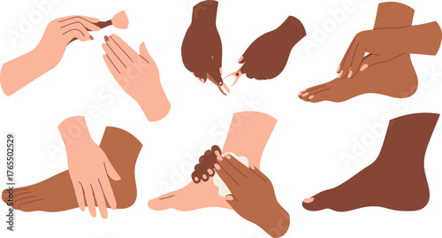 Diverse Hands Feet Demonstrating Manicures, Pedicures, Lotion Application, and Nail Clipping Procedures on Isolated Background