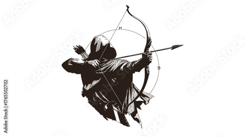 Powerful hooded archer drawing bow with arrow, monochrome graphic illustration for precision, target, sport, skill, and focus.