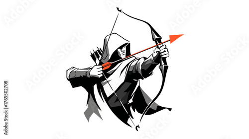 Stylized hooded archer aiming bow and arrow with orange fletching. Hunter or warrior silhouette, target practice, medieval sport concept.