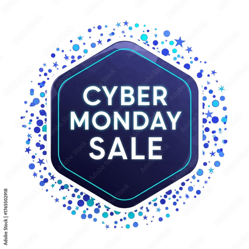 Obraz premium Hexagon Cyber Monday Sale Sticker Vector with Confetti Dots on Transparent Background